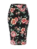 MixMatchy Women's Casual Basic Stretch Floral Print Bodycon Midi Pencil Skirt FLO Black Red Print XL