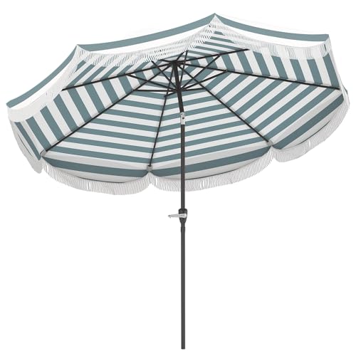 Outsunny Parasol de jardin extérieur parasol inclinable rond droit Ø2,7 x 2,4 m avec ouverture fermeture manivelle, franges, toile 180 g/m² protection UPF 30+, pour balcon, terrasse, bleu