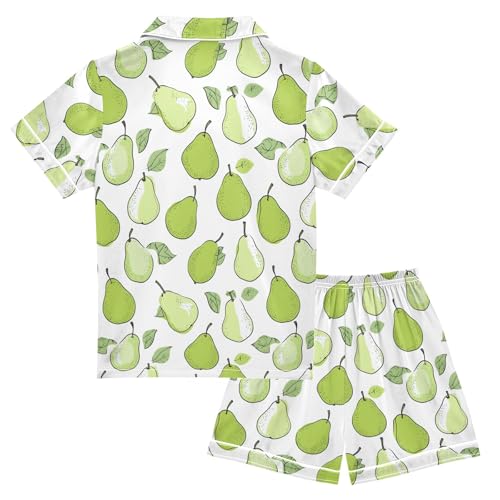 Cartoon Green Pear Summer Satin Pajama Set, Cute Button-Down Sleepwear Pj Set for Sleep Wears2