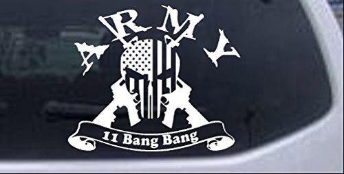 Army 11 Bang Bang Patriotic Skull US Flag Crossed AR15 Guns Military Car or Truck Window Laptop Decal Sticker - White 6in X 7in