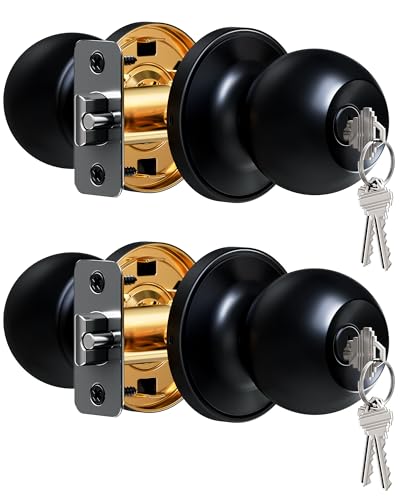 Veise Keys Alike Door Knob Set 2-Pack, Bedroom Door Lock with Keys, Heavy-Duty Rust-Proof Construction, Door Handle for Exterior Interior Security, Easy to Install, Matte Black