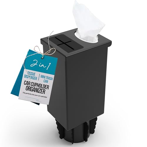 Image of Superior Essentials Car Tissue Holder with Car Garbage Can - Elegant 2 in 1 Car Tissue Box Holder and Mini Trash Can for Car Cup Holder (Black)
