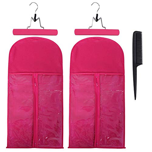 2 Pack Hair Extension Storage Bag with Hanger Holder Holder Dust Proof Portable Hair Extension Bag Carrier Case with Transparent Zip Up Closure for Travel (Rose Red)