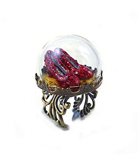 Ruby Red Slippers on the Yellow Brick Road Ring in Bronze or Silver Filigree Adjustable Band - Handmade Adult Artisan Jewelry