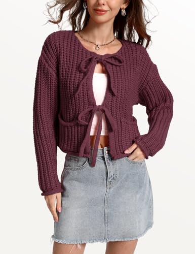 Yimoon Womens Tie Front Chunky Cardigan Sweater Cropped Long Sleeve Open Front Cardigan Knit Trendy Sweater Tops2