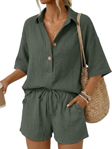 LILLUSORY Women 2 Piece Linen Short Sets 2026 Summer Vacation V Neck Short Sleeve Beach Outfits Oversized Button Cotton Pjs ArmyGreen M