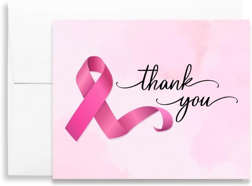 The Invite Lady Breast Cancer Thank You Cards Pink Ribbon Blank Inside Notes With Envelopes (24 Count)