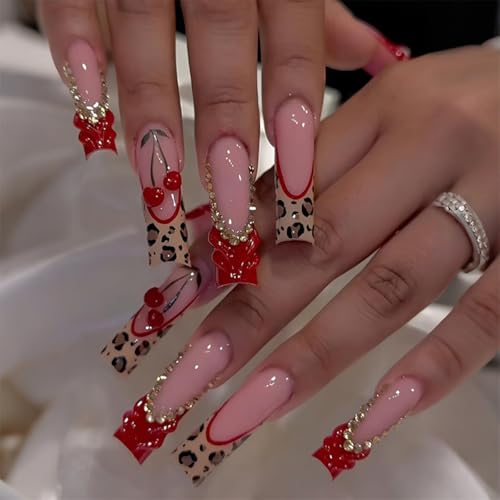 3D Cherry Press on Nails Long Square Fake Nails Red French Tip Fa...