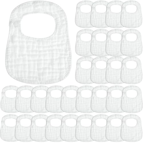 Image of Reginary 30 Pack White Muslin Bibs Bulk for Boy Girl Muslin Baby Bibs Adjustable 6 Layers Cotton Bandana Soft Absorbent Washable Snap for Baby Decorating Newborn Infant Drooling Eating Feeding Gifts