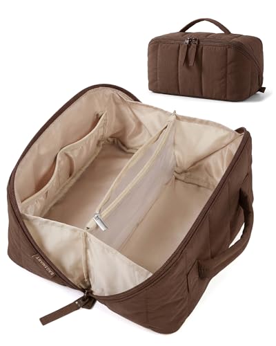 Image of BAGSMART Women's Puffy Travel Makeup Bag, Open Flat, Coffee | Toiletry Bag, Water-resistant, Portable, Puffy Padded, Make Up Organizer, For Toiletries, Brushes