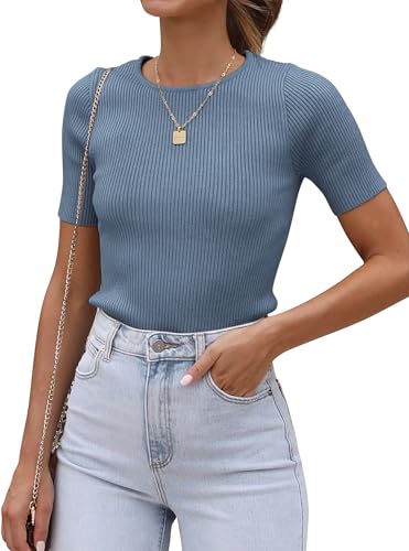 Image of ATHMILE Womens Ribbed Knit T Shirt Casual Crewneck Tops Short Sleeve /Long Sleeve Sweaters Slim Fit Basic Tees