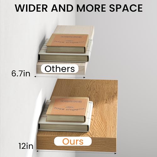 Image of 36Inch Oak Floating Shelves for Wall, 12 Inch Deep Shelves for Bedroom, Kitchen, Bathroom Wall Mounted, Rustic Wood Floating Shelf with Invisible Brackets for Books, Storage, Decor, 2 Packs