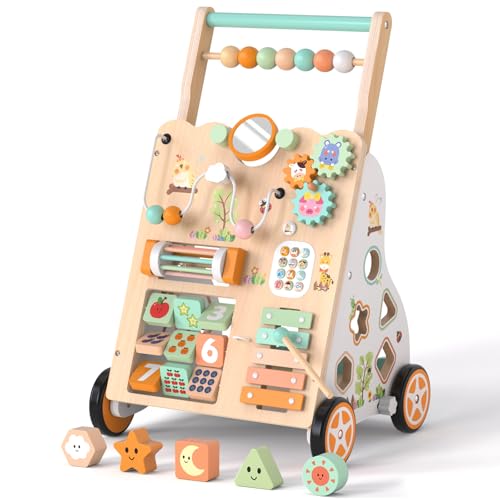 Trotteur en bois pour tout-petits 12+ mois, pousseur Montessori avec centre d’activités, labyrinthe à perles, trieur de formes, xylophone & jeu de pêche,...