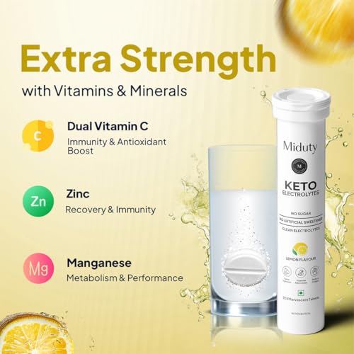 Image of Miduty Electrolyte Tablets - Sugar-Free - No Maltodextrin & Artificial Colors - Natural Lemon Flavor - Stevia - Instant Hydration & Energy - 20 Effervescent Tablets