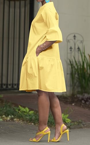 Image of Choichic Button Down Shirt Dresses for Women with Pockets Flare Bell Sleeve A-Line Midi Tunic Dress