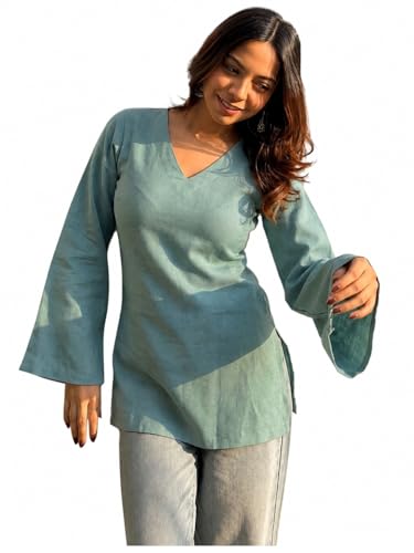 Image of ANNI Designer Short Kurti for Women Solid Design | V Neck Full Sleeve Kurti Tops for Women | Stylish Kurtis & Short Kurtis for Woman | Casual Kurti with Jeans | Kurtas for Woman