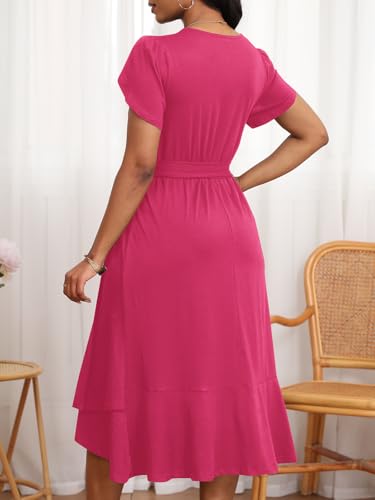 Image of PerZeal Women's Summer Dress Casual Ruffle Sleeve Crewneck A-Line Tiered Flowy Short Sleeve Long Dress with Belt