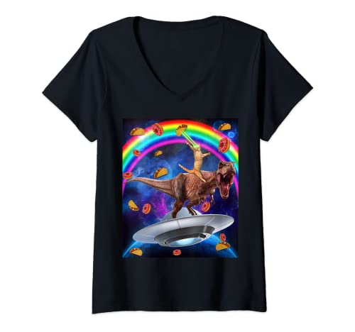 Mujer Cat Riding Dinosaur Trex UFO Taco Donut Laser Eyes In Galaxy Camiseta Cuello V