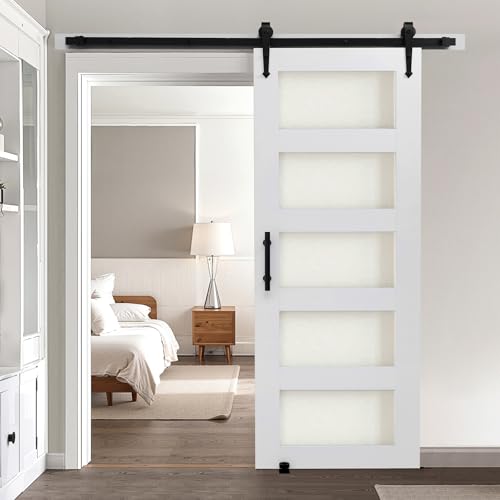 VEVOR Puerta Corrediza de Granero, Panel de la Puerta de MDF y Vidrio 762 x 2134 mm con Kit de Herrajes, Superficie de PVC Impermeable y Marco en H, Deslizamiento Suave para Sala de Estar y Baño