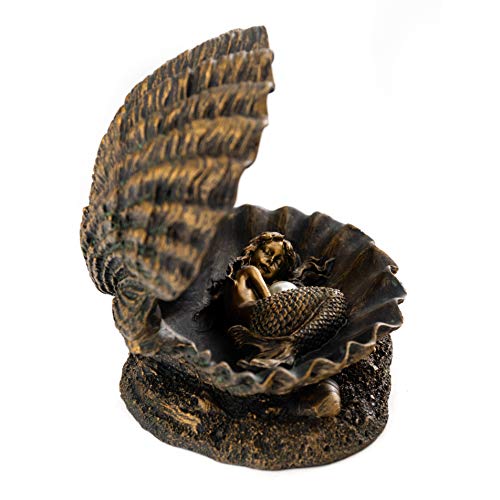Top Collection Baby Mermaid Statue- Mermaid Sleeping in Shell with Pearl Sculpture- Hand Painted with Bronze Finish Look- 4-Inch Figurine - Thumbnail 2
