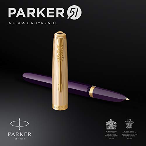 Parker 51 Fountain Pen Deluxe Plum Barrel with Gold Trim Fine 18k Gold Nib with Black Ink Cartridge Gift Box