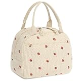Lunch Bag, Beige Corduroy with Strawberry Pattern, Insulated Thermal Tote, Portable and Reusable Cooler for School or Work, 8.5L