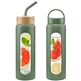 HYDRAGLAZIC 700ML Trinkflasche aus Glas, Glasflasche mit 2 Deckeln und Strohhalm, Auslaufsichere Wasserflasche mit Zeitmarkierung und Messskala, BPA-Frei, für Büro & Fitness, Dunkelgrün
