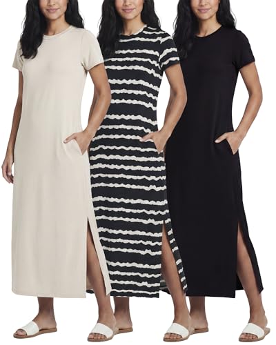 Image of Real Essentials 3 Pack Women's Casual Short Sleeve Maxi T-Shirt Dress with Slit (Available in Plus Size)