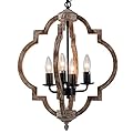 16.14" 4-Light Farmhouse Wood Chandelier, Rustic Orb Pendant Lighting Fixture with Adjustable Chain, Vintage Ceiling Hanging Lights for Foyer Entryway Dining Room Kitchen Island, Handmade Oak Finish