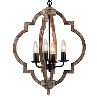 16.14" 4-Light Farmhouse Wood Chandelier, Rustic Orb Pendant Lighting Fixture with Adjustable Chain, Vintage Ceiling Hanging Lights for Foyer Entryway Dining Room Kitchen Island, Handmade Oak Finish