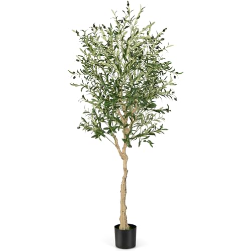 Giantex 1-Pack Artificial Olive Tree, 182 cm Tall Faux Olive Plant in Cement Pot, Topiary Silk Tree, Potted Olive Silk Tree w/ 1296 Leaves 72 Fruits, Fake Greenery Plant for Indoor Home Office