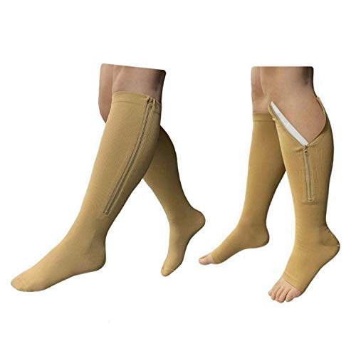 Presadee Seniors 15-20 mmHg And 20-30 mmHg Zipper Compression Easy Zip Up Socks Swelling Calf Leg Day And Night 2 Pack (L/XL, Beige)