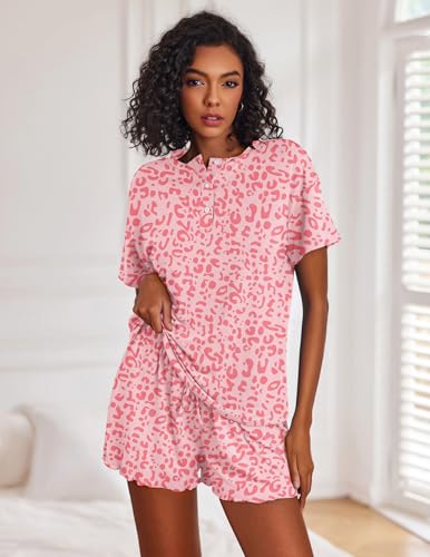 Image of Ekouaer Pajamas Set for Women Short Sleeve Lounge Set 2 Piece Loungewear PJs Soft Cute Lightweight Sleepwear