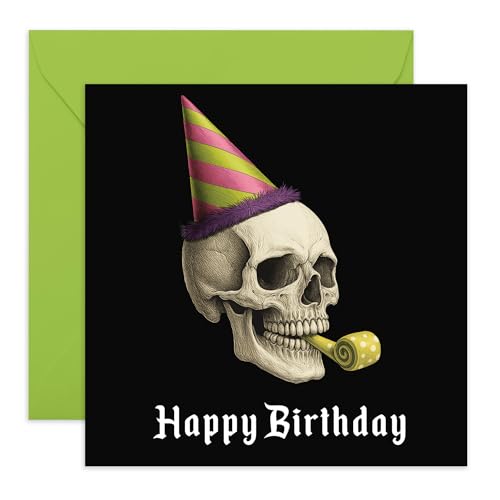 Skull Birthday Card – Gothic Skeleton Party Design – Greeting Card for Him, Her, Brother, Uncle, Guys, Lad, Mate, Bro, Friends, Emo, Goths – Comes with Stickers
