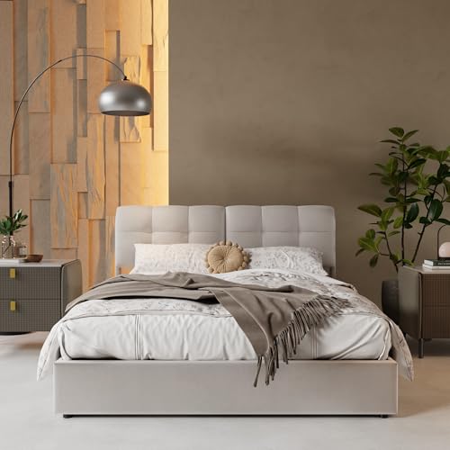 LONELYO Bett mit Bettkasten, 140 x 200 cm, mit LED RGB 7 Farben & Hydrauliksystem – Samt, hellbeige, gepolstert, geräumige Aufbewahrung & Lattenrost – modernes Design