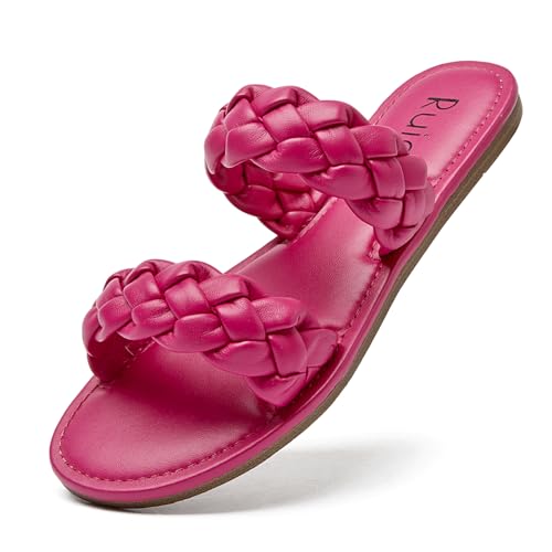 Women's Flat Slides Sandals, Summer Slippers Comfortable Braided Strap Round Open Toe Casual Beach Shoes for Women. 6 Hot Pink 002
