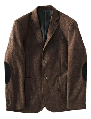 ONAXTDA Men's Formal Herringbone Tweed Jacket Single Breasted Elbow Patch Sport Coat for Holiday Travelling Colourful Dark Brown 4XL