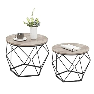 VASAGLE Small Coffee Table Set of 2, Round Coffee Table with Steel Frame, Side End Table for Living Room, Bedroom, Office, Greige and Black