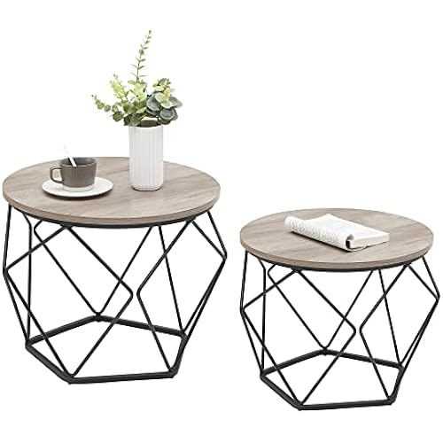 VASAGLE Small Round Coffee Table Set of 2, with Steel Frame