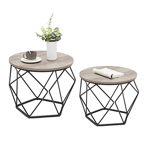VASAGLE Small Coffee Table Set of 2, Round Coffee Table with Steel Frame, Side End Table for Living Room, Bedroom, Office, Greige and Ink Black by VASAGLE - Used condition - CA$62.45