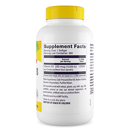 Healthy Origins Vitamina D3 10.000 IU Alta Potência 360 Softgels Suporte ao Fortalecimento Ósseo Sis