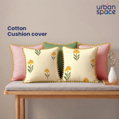 Image of Urban Space Cotton Cushion Cover Set of 5, 16 x 16 Inches, Decorative Throw Pillow Covers with Pom Pom, Printed Sofa Cushion Covers for Living Room, Home Decor (CC4, 40Cm x 40Cm, Set of 5)