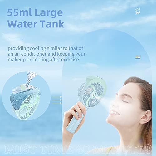 HandFan Handheld Fan Misting Hand Held Fan Rechargeable Battery Operated Portable 3 Speeds & 55ml Spray &180°Foldable With Metal Clip USB Personal Water Fan For Travel Camping Outdoor Women