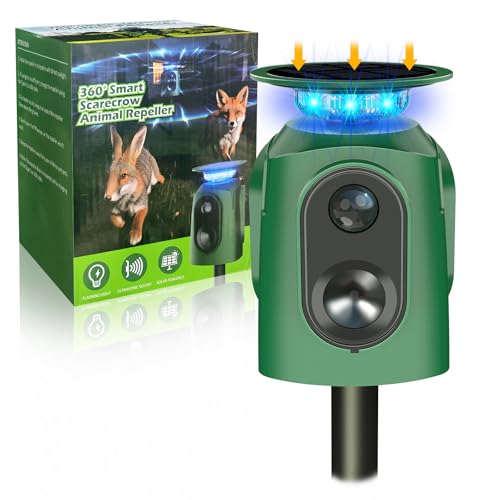 Upgraded Solar Ultrasonic Animal Repellent,360° Cat Repellent Outdoor with Motion Sensor,IP65 Waterproof Dog Repeller with Flash Light to Drive Away Rabbit Deer Squirrel Skunk for Yard Garden Lawn