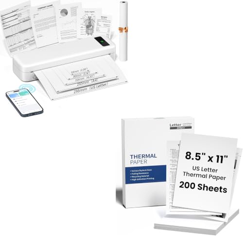 Image of TATTMUSE Inkless Portable Thermal Printer White & 200 Sheets 8.5 inch x 11 inch US Letter Thermal Paper, Compatible with iPhone Android Laptop for Home Office