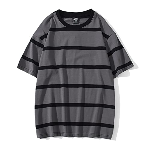 Emo Short Sleeve Oversized T Shirts for Women Men Crewneck Color Block Stripe Tops Grunge Aesthetic Goblincore Clothes (Gray,S)