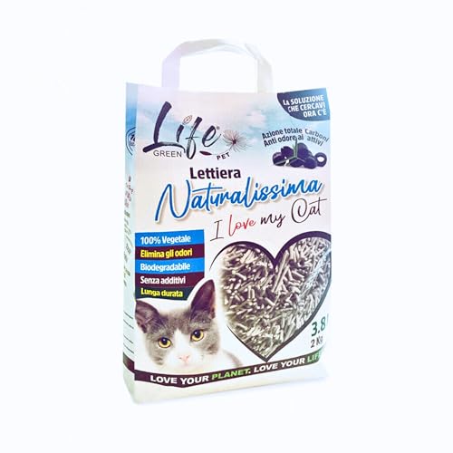 LifeGreen Arena Natural para Gatos, 2 kg, carbón Activo, con Fibra de Guisante y almidón de maíz, Vegetal, Biodegradable, aglutinante 3,8 l, Elimina olores