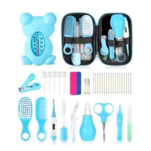 Baby Grooming and Healthcare Kit, Portable Baby Safety Care Set with Hair Brush Comb Nail Clipper Nasal Aspirator for Nursery Newborn Infant Girl Boy (25 in 1, Blue)