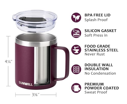Image of SUNWILL Travel Coffee Mug with Lid, Insulated Tumbler with Handle, 14 oz Stainless Steel Cup for Camping, Office, Home, Powder Coated Plum