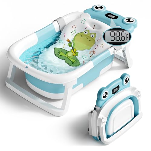 Image of BUNWAG Baby Bathtub, Collapsible Newborn Bathtub for Infant to Toddler 0-24 Months with Soft Bath Net,Portable Travel Newborn Tub with No-Slip Feet, Baby Shower Gifts,Sky Blue